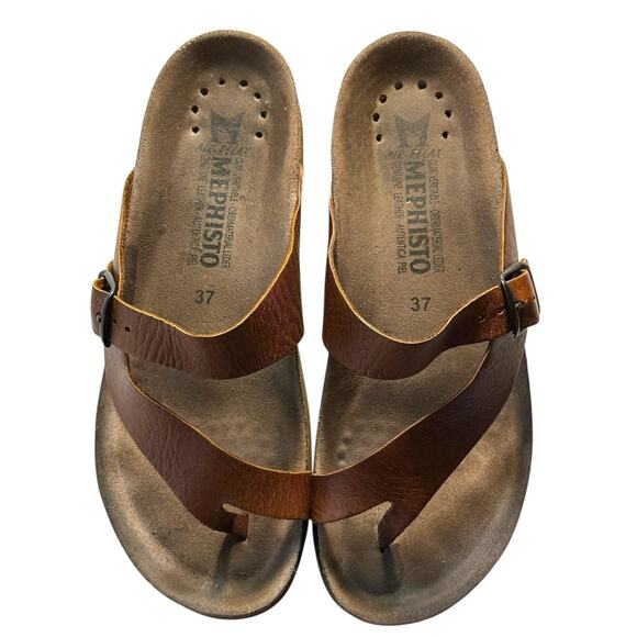 MEPHISTO Helen Womens Toe Loop Sandals US 7 Euro 37 Desert Tan Brown Leather - Picture 8 of 13